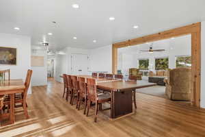Dining room featuring recessed lighting, light wood-type flooring, and ceiling fan