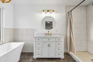 Bathroom with tile walls, a shower stall, vanity, and a freestanding tub