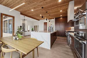Kitchen featuring wooden ceiling, appliances with stainless steel finishes, modern cabinets, decorative light fixtures, and a center island with sink