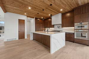 Kitchen featuring wood ceiling, light stone counters, modern cabinets, hanging light fixtures, and a center island with sink
