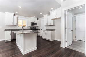 Kitchen featuring stainless steel appliances, dark stone counters, white cabinetry, recessed lighting, and dark wood-style floors