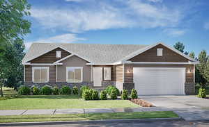 Craftsman-style house featuring stone siding, a front yard, concrete driveway, and an attached garage