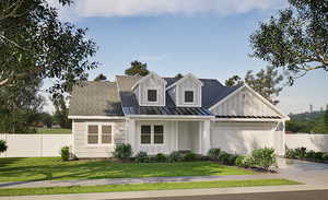 View of front of house featuring board and batten siding, a porch, driveway, a metal roof, and a shingled roof
