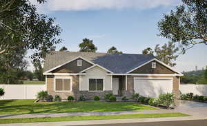 Craftsman-style house featuring stone siding, driveway, a garage, and a shingled roof