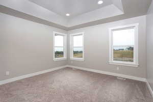 Empty room with light colored carpet, a raised ceiling, and recessed lighting