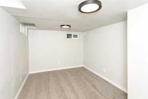 Below grade area with a textured ceiling and carpet flooring