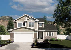 Craftsman house with driveway, stone siding, a shingled roof, and a mountain view