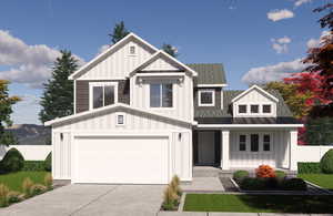 Modern farmhouse style home featuring board and batten siding, concrete driveway, a shingled roof, and a porch