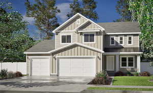 View of front facade with concrete driveway, board and batten siding, a shingled roof, and covered porch