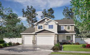 Craftsman house featuring a porch, concrete driveway, stone siding, and a shingled roof