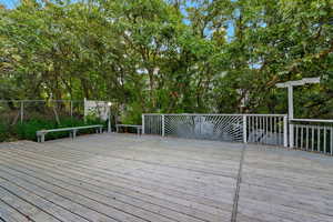 Wooden deck featuring view of scattered trees