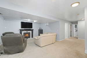 Living area with carpet flooring, a glass covered fireplace, and a textured ceiling