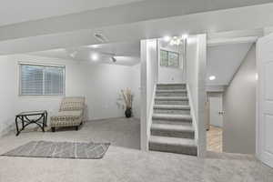 Stairway featuring track lighting and carpet flooring