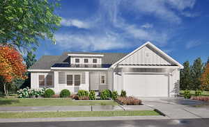 Modern farmhouse with board and batten siding, roof with shingles, concrete driveway, and an attached garage