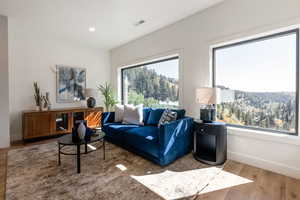 Living room with wood finished floors and recessed lighting