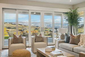 Living room featuring a mountain view and wood finished floors