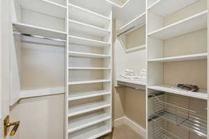 Spacious closet featuring light colored carpet