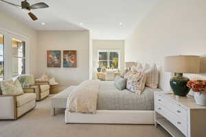 Bedroom featuring carpet flooring, ceiling fan, and recessed lighting