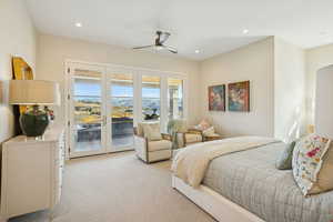 Bedroom featuring light colored carpet, access to outside, recessed lighting, and ceiling fan