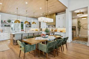 Dining room featuring recessed lighting, wooden ceiling, and light wood-style floors