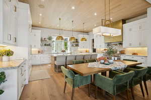 Kitchen featuring white cabinets, open shelves, backsplash, wood ceiling, and pendant lighting