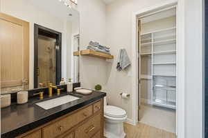 Full bathroom with vanity and a spacious closet