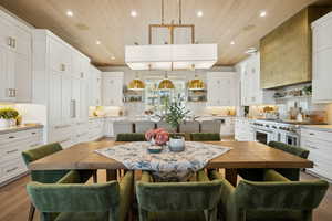 Kitchen featuring white cabinetry, open shelves, wood ceiling, and recessed lighting