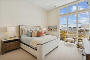 Bedroom with light colored carpet