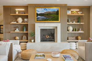 Living room with built in shelves and a premium fireplace