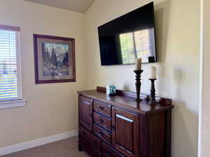 Detailed view of baseboards and carpet