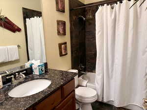 Bathroom with shower / bath combo with shower curtain and vanity
