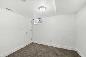 Below grade area featuring dark colored carpet and a textured ceiling