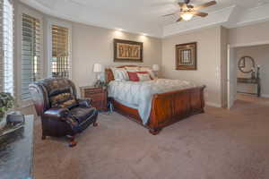 Carpeted bedroom featuring a ceiling fan and a tray ceiling