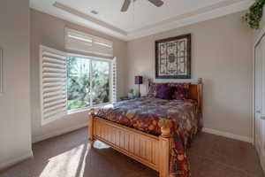 Bedroom featuring a tray ceiling, carpet floors, and ceiling fan