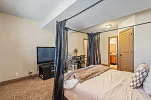 Bedroom featuring light carpet and a textured ceiling