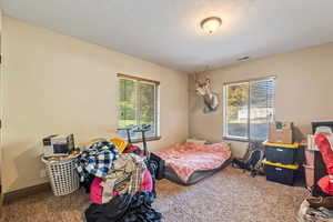Bedroom featuring carpet and baseboards