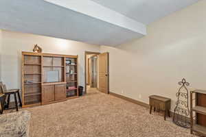Living area featuring light colored carpet and baseboards