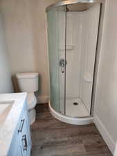 Full bath with dark wood finished floors, vanity, and a shower stall