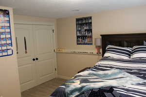 Bedroom with light colored carpet, a textured ceiling, and a closet
