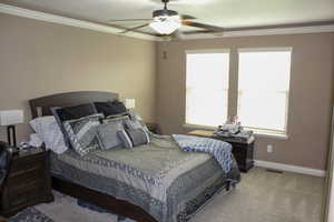 Bedroom featuring crown molding, light carpet, a ceiling fan, and a textured ceiling