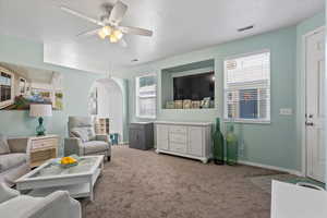 Living area featuring carpet flooring, healthy amount of natural light, and arched walkways