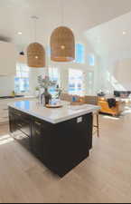 Kitchen with dark cabinets, decorative light fixtures, open floor plan, high vaulted ceiling, and recessed lighting