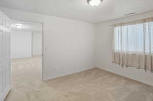 Room with light colored carpet and a textured ceiling