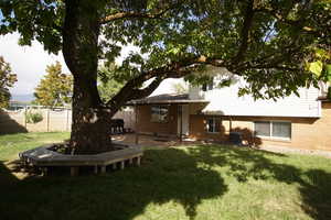 Back of house featuring a patio, brick siding, and a chimney