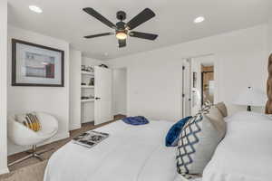 Bedroom with carpet floors, recessed lighting, and a ceiling fan
