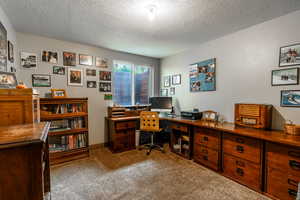 Carpeted office featuring a textured ceiling and baseboards