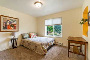 Bedroom featuring carpet and a baseboard heating unit