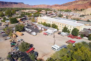 Aerial view of an industrial area and mountains