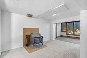 Living room with a wood stove, light carpet, and a textured ceiling