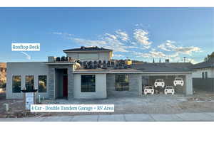 View of front of house featuring stone siding and stucco siding
